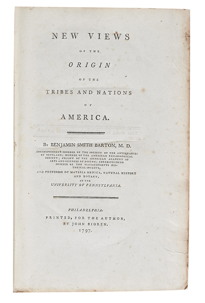 (AMERICAN INDIANS.) Barton, Benjamin Smith. New Views of the Origin of the Tribes and Nations of America.